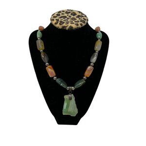 Handcrafted Stone Necklace Large‎ Green Pendant 26" Green Orange Gray